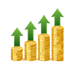 Stack of golden coins with a dollar symbol and two green upward arrows. Financial growth