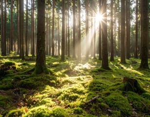 Obraz premium Sunlight streams through a mossy forest (2)
