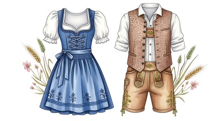 Traditional bavarian dirndl and lederhosen outfits