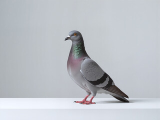 A grey dove on a white display stand, with clear details and a minimalist setting that enhances the details of the feathers, embodying a pure and fresh look.