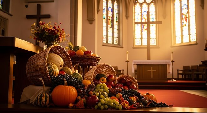 Abundant harvest display inside a church for thanksgiving