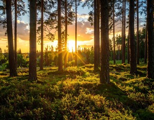 Sunbeams through a pine forest at sunset