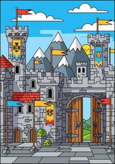 Whimsical castle fortress with mountains and friendly sun illustration