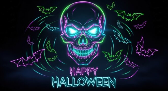 Scary neon skull with flying bats and happy Halloween text in glowing colors - Powered by Adobe