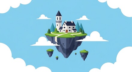 Whimsical Floating Island Home with Tower in a Dreamy Sky Setting