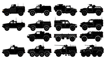 Silhouette illustrations of various military vehicles