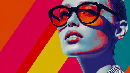 Stylish woman with vibrant orange sunglasses against a colorful abstract background