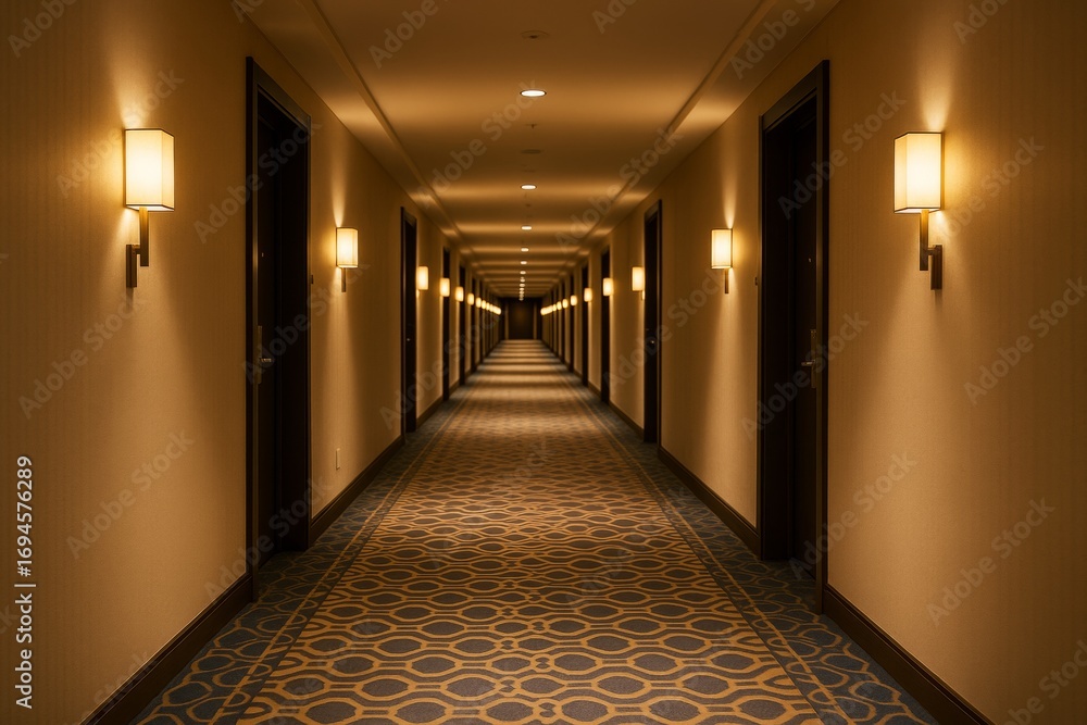 Poster symmetrical hotel corridor with patterned carpet and warm ambient wall lights creating a calm, minim
