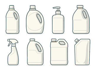 Set of various household cleaning product bottles on gradient background