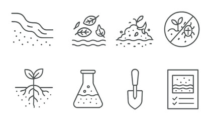 Soil and plant science icons: growth, analysis, and pest control symbols