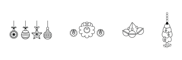 Hanging ornaments, Christmas wreath, festive balls, bell decorations and tree pendant icon vector illustration for winter holiday celebration.