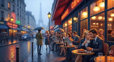 Parisian Cafe Scene on a Rainy Evening