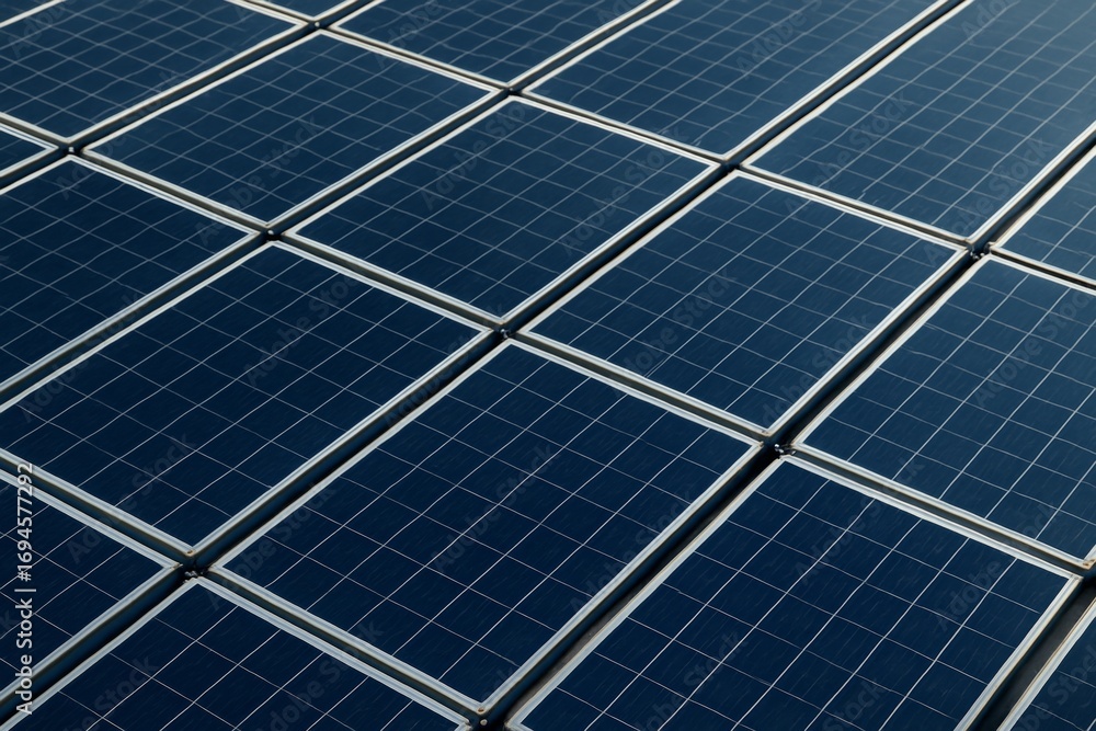 Poster close-up view of multiple solar panels arranged in a geometric pattern under natural light, emphasiz