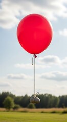 Whimsical juxtaposition of a bright balloon and anchoring earth stone
