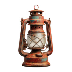 Antique red lantern vintage oil lamp rusty metal light source object still life isolated on transparent background