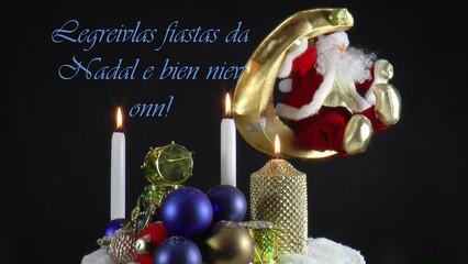 Warm Wishes for Christmas Joy 
A festive card with candles, baubles, and Santa Claus in the language Romanche 
