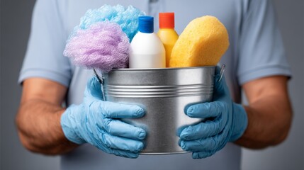 Cleaning supplies arranged in a bucket held by a person wearing gloves in a well-lit indoor space