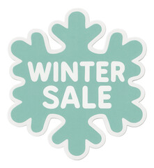 Mint snowflake sticker with WINTER SALE text in bold white, vibrant retail discount promo on transparent background.