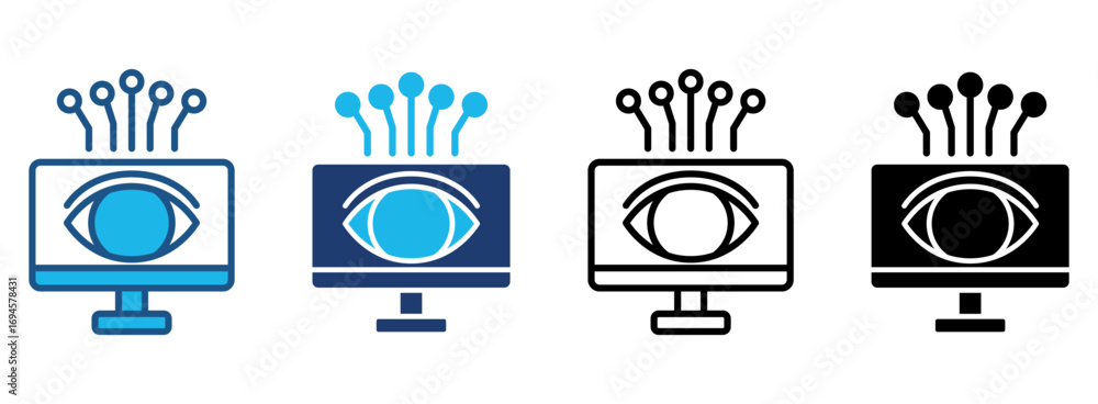 Aufkleber computer vision icon set with multiple styles. vector illustration