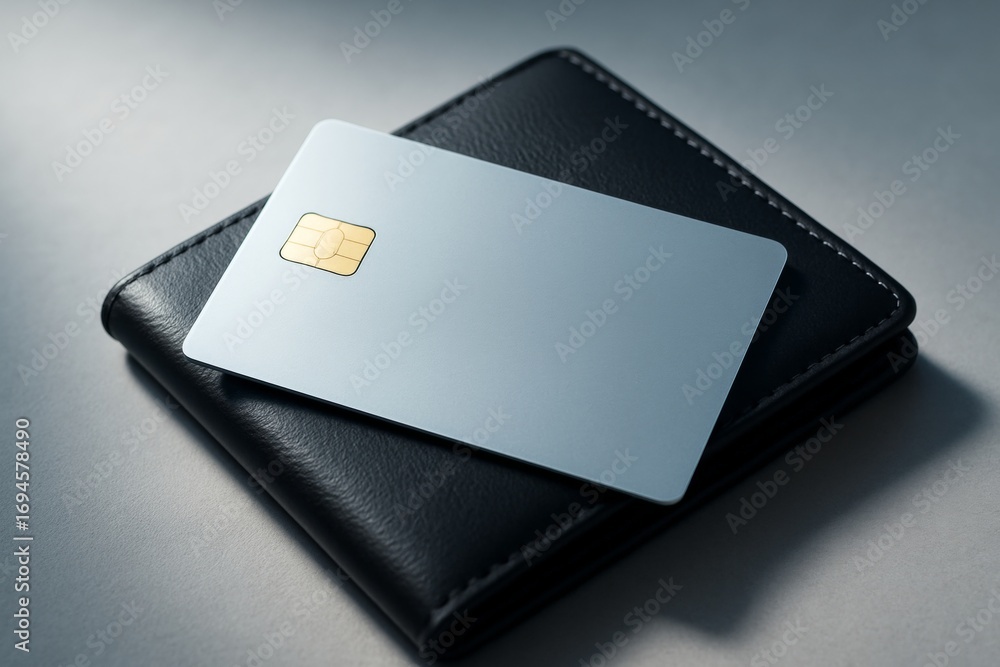 Poster blank credit card mockup with gold chip placed on black leather wallet on soft gradient background i