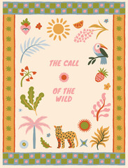 Vector whimsical tropical art clipart with tropical animals and birds, with decorative frames and borders, abstract nursery prints and posters with hand-drawn illustrative simple graphics