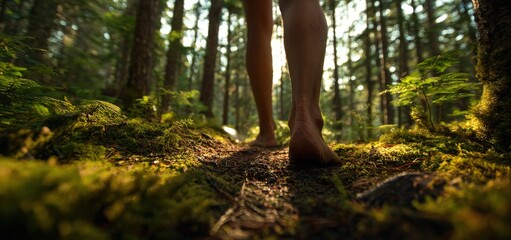 Close-up of feet walking a forest trail in early afternoon light; lush woodland with tall trees and sunlight filtering through leaves, a serene, adventurous low-angle view.