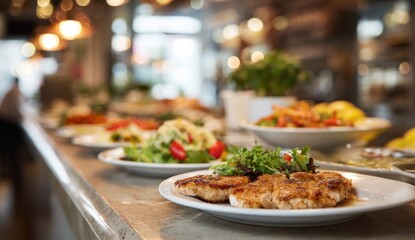 Restaurant buffet display of various dishes