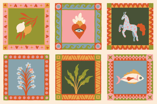 Vector whimsical tropical art clipart with tropical animals and birds, with decorative frames and borders, abstract nursery prints and posters with hand-drawn illustrative simple graphics