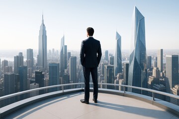 Obraz na płótnie Canvas Businessman standing on rooftop overlooking futuristic city skyline with modern skyscrapers and clear daylight background. Ai generative. Ai generative