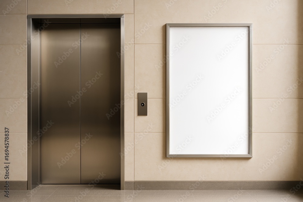 Poster modern elevator with closed doors next to a large blank vertical poster frame on clean tiled wall, i