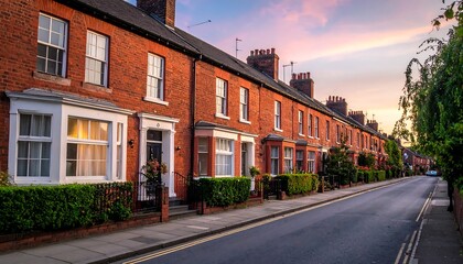 Row of charming brick houses along a street at sunset