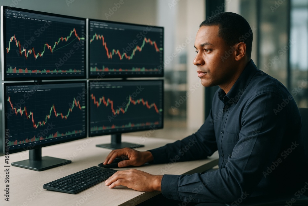 Poster focused trader analyzing stock market charts on four monitors in modern office setting with soft lig