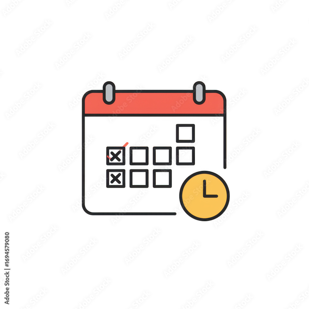 Poster calendar icon with time and checkmarks isolated on transparent background