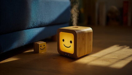 Cute wooden humidifier with a smiling face glows warmly next to a small toy block