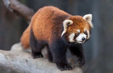 Fototapeta premium Red Panda with Distinctive Facial Markings Standing on Wooden Log in Natural Habitat