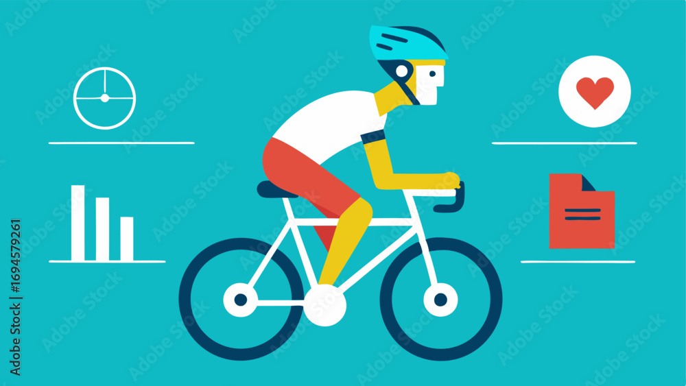 Poster Cyclist in Action A cyclist on a bike with a helmetmounted tracker displaying live data including velocity and heart rate prominently visible.