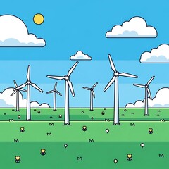 Wind turbine landscape with serene meadow and cloudscape harnessing sustainable power generation