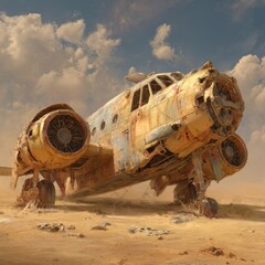 A half-buried vintage warplane evokes nostalgia and adventure.