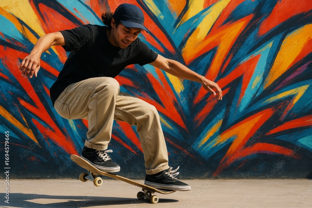 Poster skater performing trick in front of colorful abstract graffiti wall with vibrant light and creative 