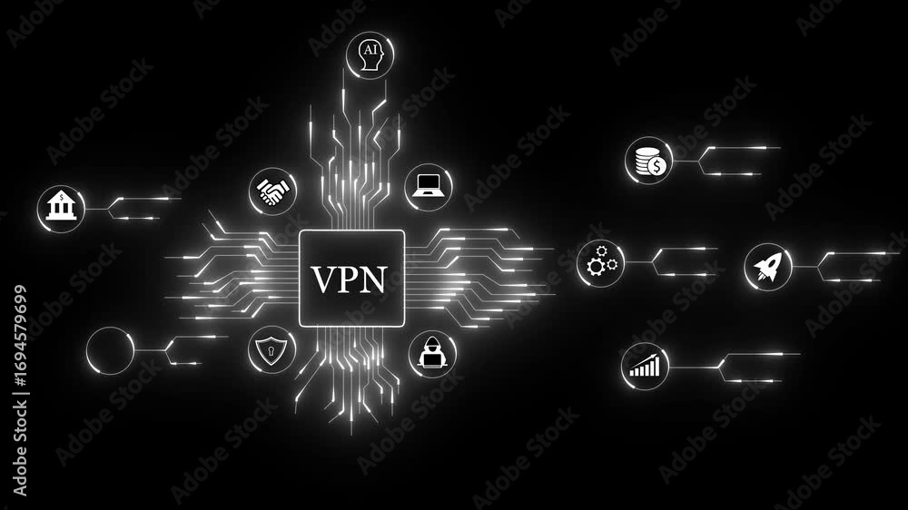 Poster futuristic ai vpn network concept with glowing circuit board connections and data transfer. ai power