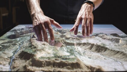 Hands interacting with a 3D topographical map displayed on a table