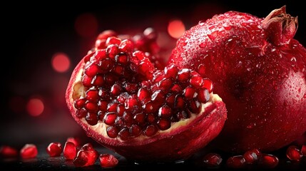 Close-up view of juicy pomegranate halves, showcasing the vibrant red seeds and glistening water droplets, set against a dark background with soft, glowing lights.