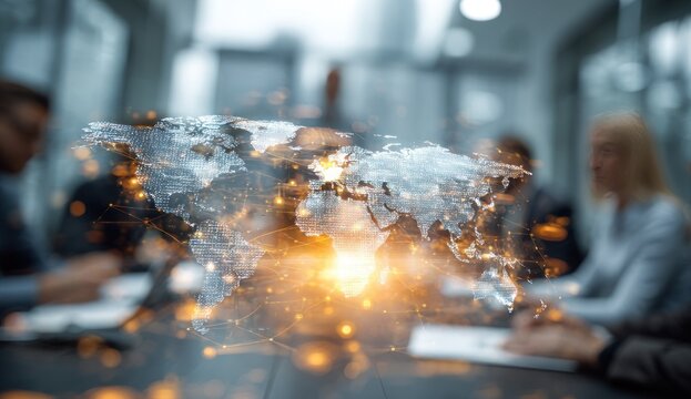Holographic world map over business meeting