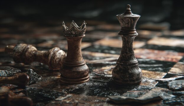 Aged chess pieces on a weathered board