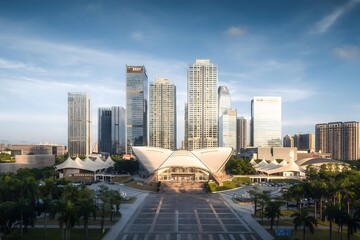 Obraz premium Modern Curved Skyscrapers Cityscape in Huizhou, Guangdong Province, China with Blue Sky and Distinctive Architecture