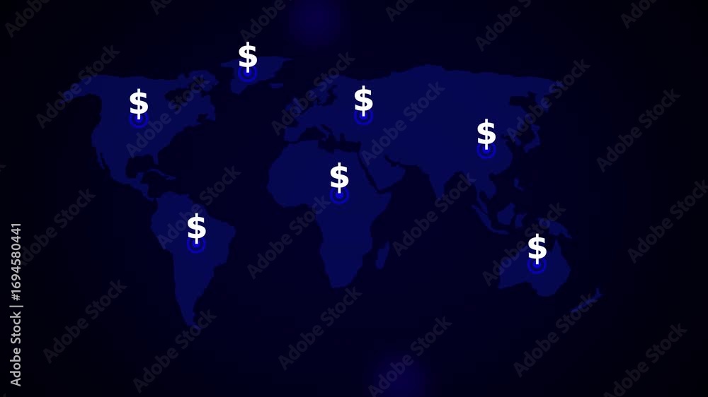 Aufkleber global network connection points glowing on dark blue world map digital animation technology concept