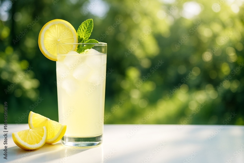 Poster refreshing glass of lemonade with ice, lemon slices, and mint on a sunny day with green bokeh backgr