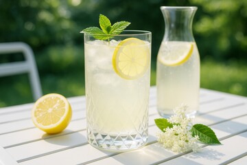 Refreshing glass of lemonade with lemon slice and mint on white table in sunlight, pitcher and flowers in background, outdoor summer concept. Ai generative