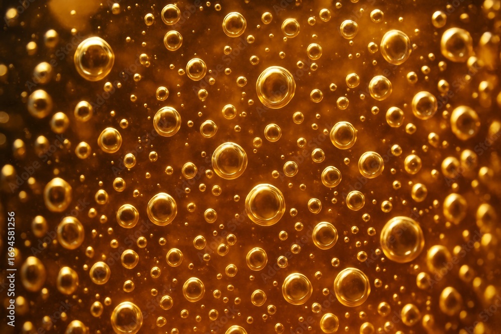 Poster abstract golden bubbles rising in liquid with glowing light effects on a dark background creating an