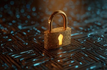 Golden padlock on a dark circuit board
